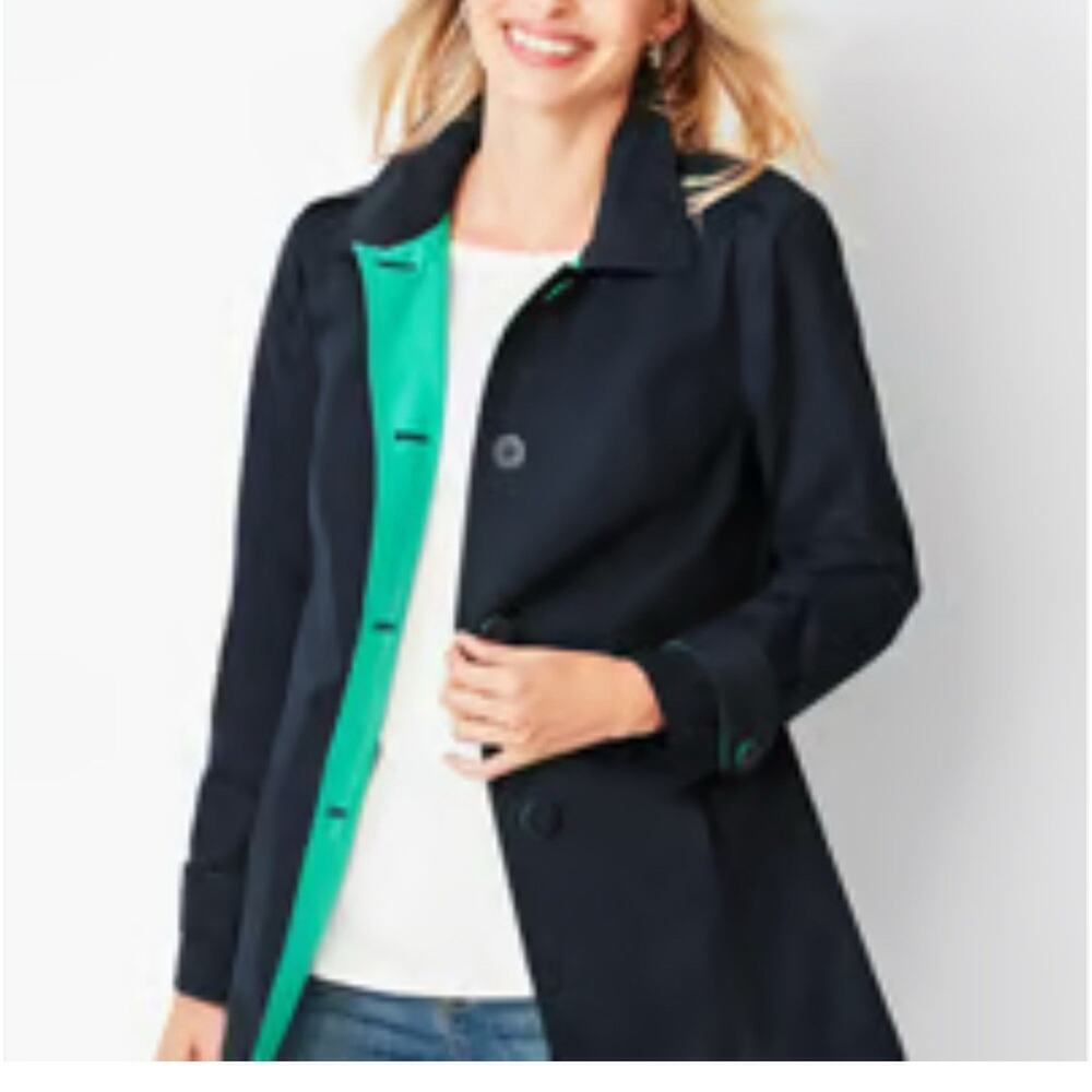 Talbots Rain Trench Coat Jacket Women Size XS Blue Button Up Military Preppy